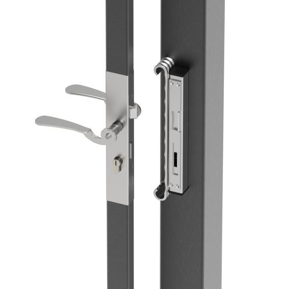 Torschloss-Set Stahl verzinkt fuer 30x30 mm Profil mit Elektroschloss-89-11BR30X30SETE-A.4