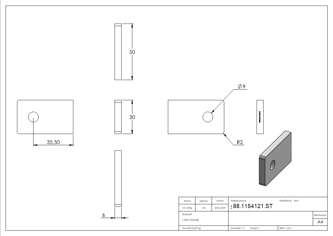 Anschweisslasche Stahl S235JR roh 50 x 30 x 6 mm mit Rundloch Ø 9 mm-88-1154121.ST