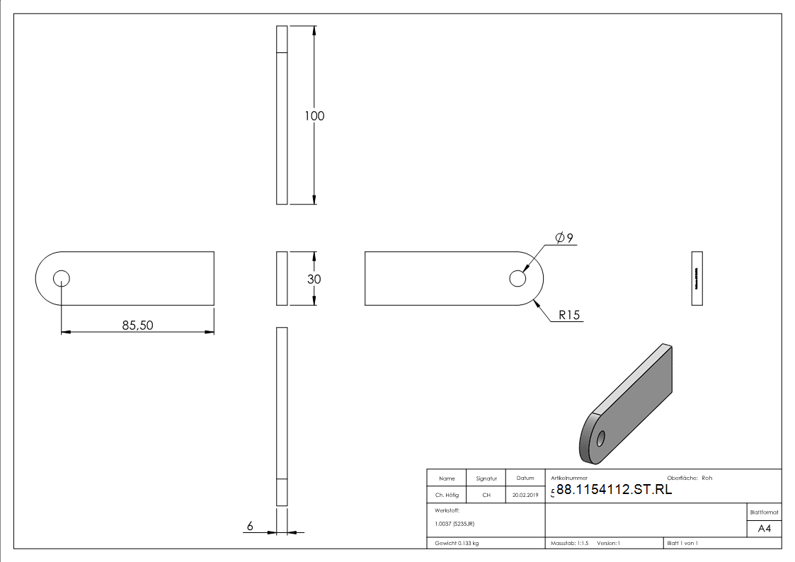 Anschweisslasche Stahl 100 x 30 x 6 mm mit Rundloch Ø 9 mm-88-1154112-ST.RL