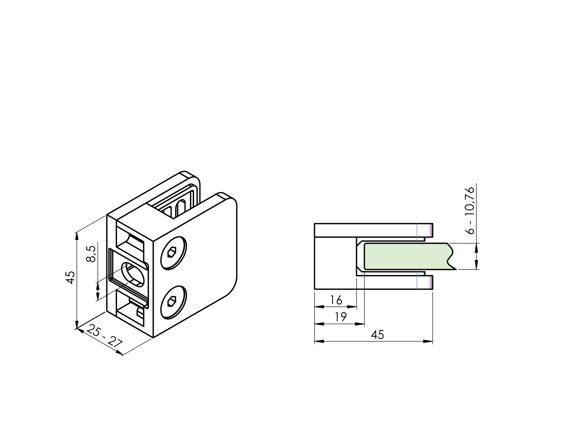 Glasklemme V2A fuer 6 - 10-76 mm Glas flacher Anschluss 4er Set-89-11A2100000SET4-A.4