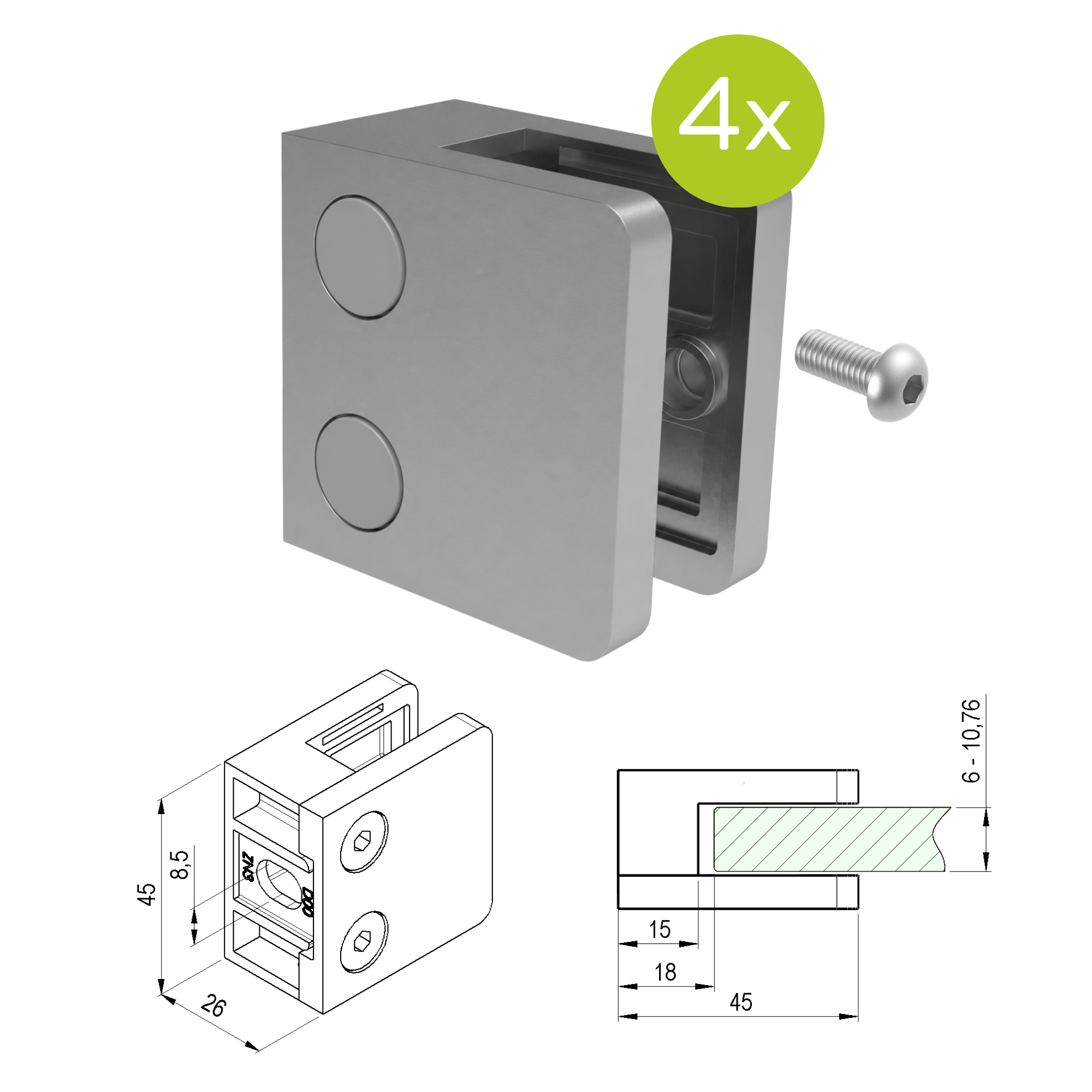 Glasklemme Zamak fuer 6 - 10-76 mm Glas Flachanschluss roh 4er Set-89-11ZN2300000SET4-A.4