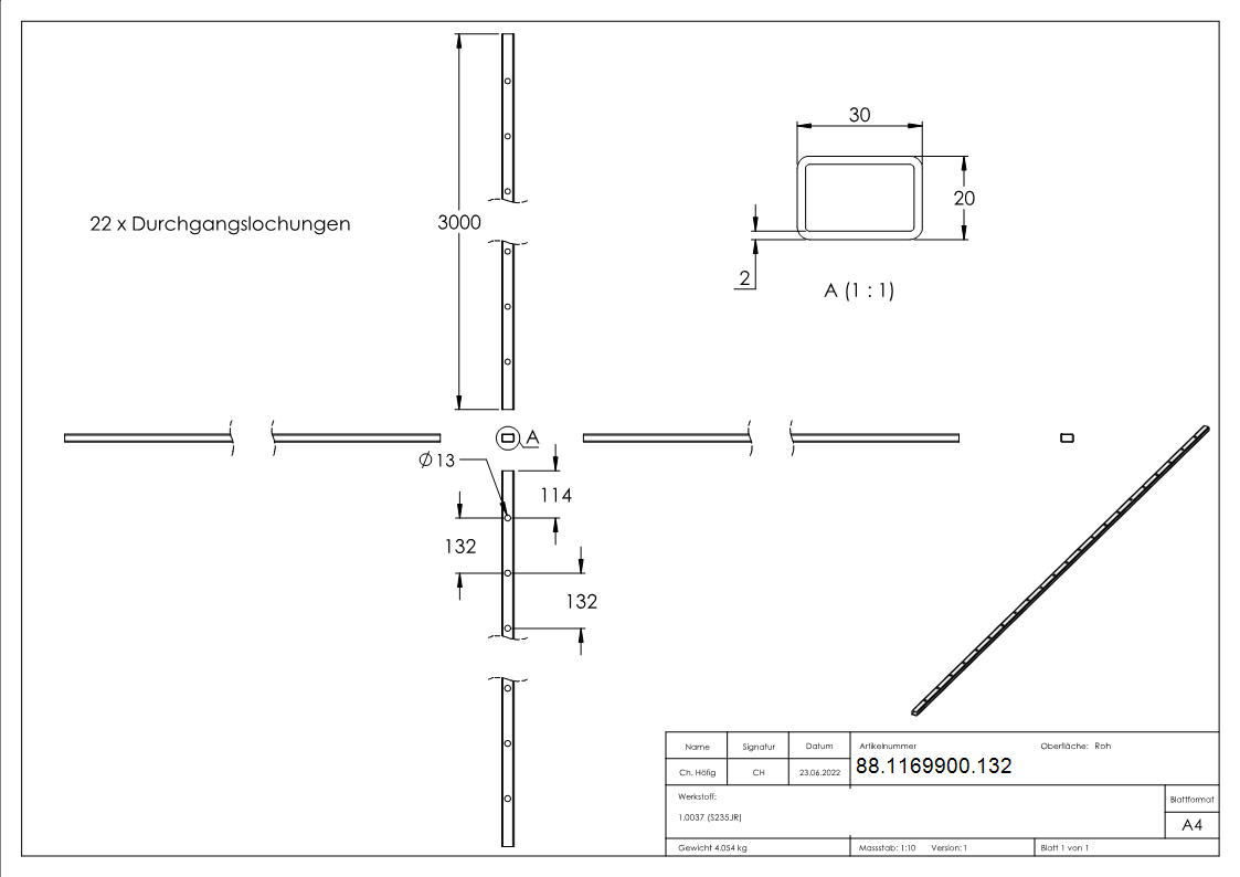 Rechteckrohr Stahl roh 30 x 20 x 2 mm- L = 3000 mm- Loecher Ø 12 mm Abstand 132 mm-88-1169900.132
