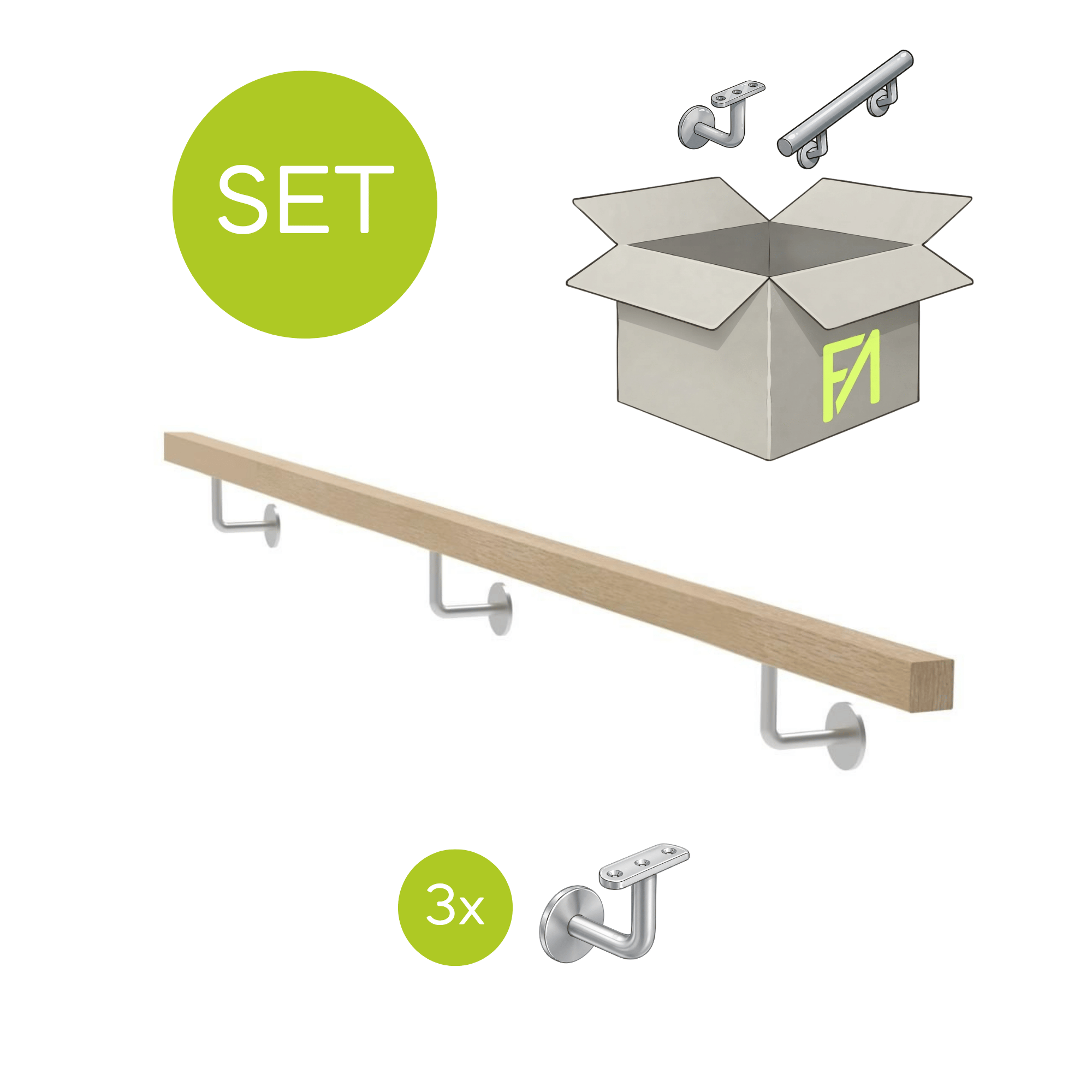 Wandhandlauf Set Eiche Edelstahl 40 x 40 mm 2500 mm roh-89-11WDJPM2500-A.4