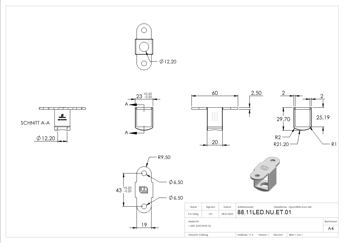 Anschlussplatte V2A 60 x 29-7 mm fuer Nut 24x24mm Kabeldurchfuehrung Ø12-2mm-88-11LED-NU-ET.01