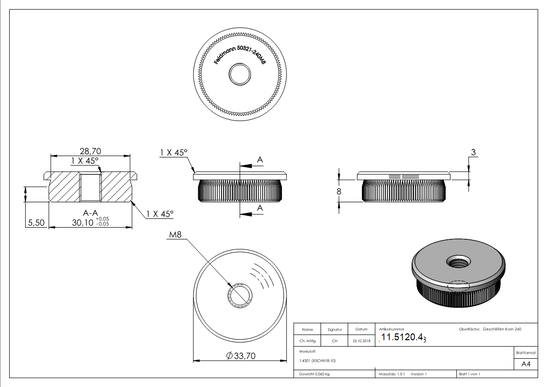 Einsteckkappe V2A fuer Rohr Ø 33-7 mm- Wandstaerke 2-0 mm- M8 Gewinde- flach-11-5120.4