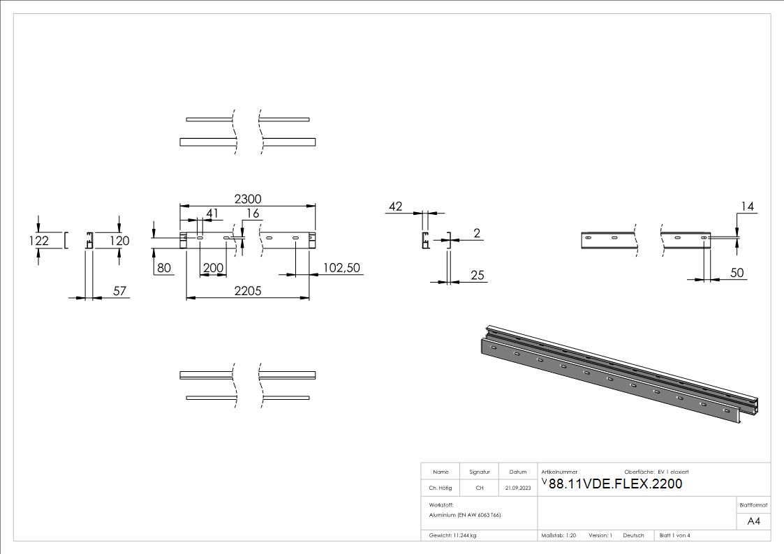 FLEX-MOUNT PRO Profil-Set L = 2300 mm - 2205 mm fuer Vordach 2200-88-11VDE-FLEX.2200