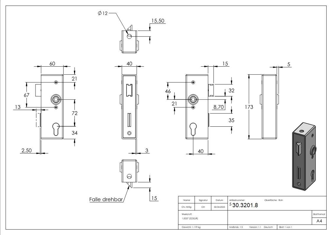 Kastenschloss verzinkt 40x60x173 mm mit Edelstahl Stulp-30-3201.8