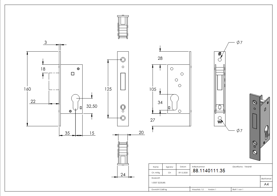 Rohrrahmen-Riegelschloss Zinkdruckguss Dornmass 35 mm Riegelausschluss 22 mm fuer Profilzylinder-88-1140111.35