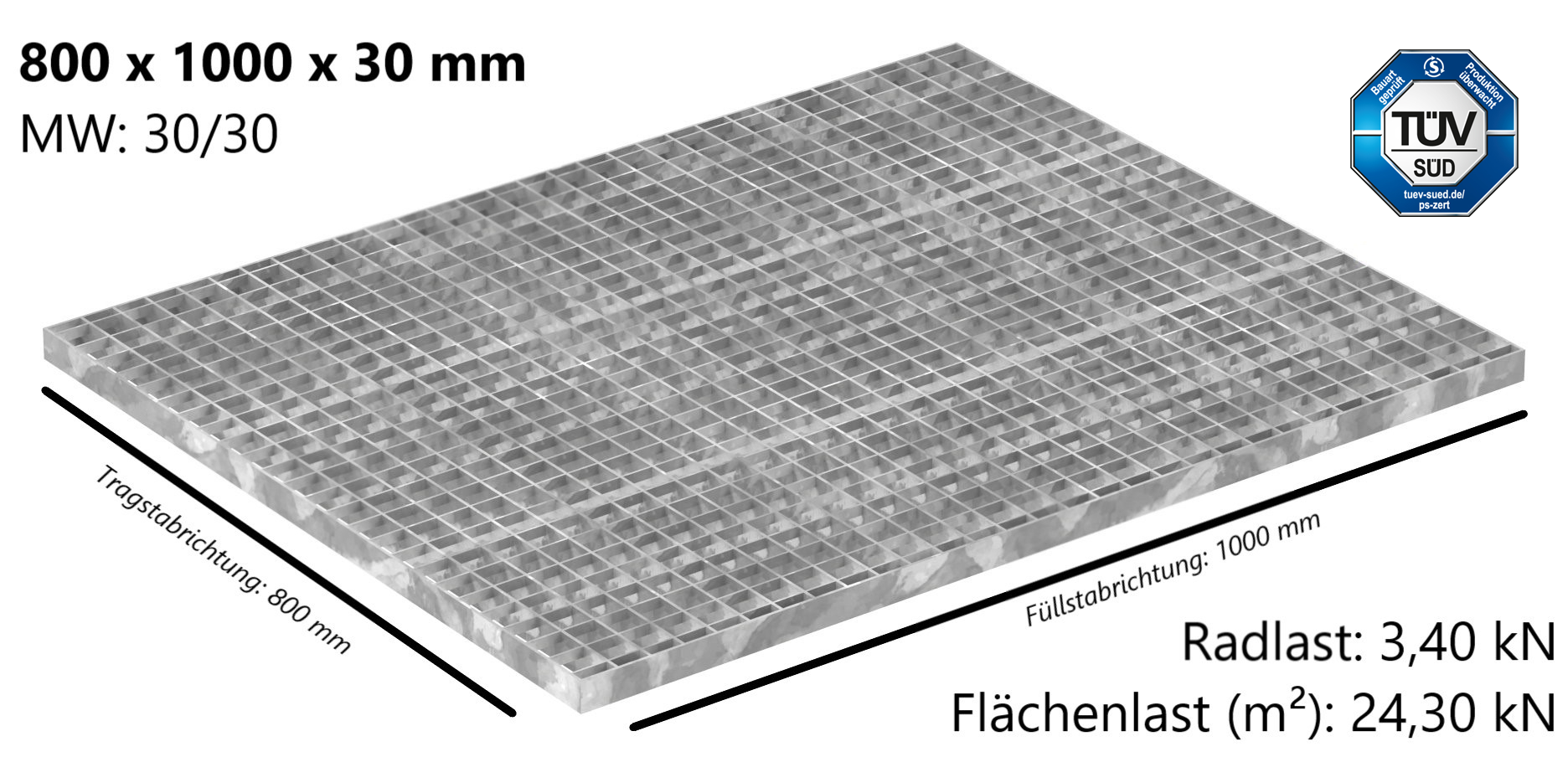 Industrie-Gitterrost - Masse- 800x1000x30 mm; MW 30-30 mm; 30-3 mm - S235JR -St37-2- im Vollbad feuerverzinkt-21-8010030303.7