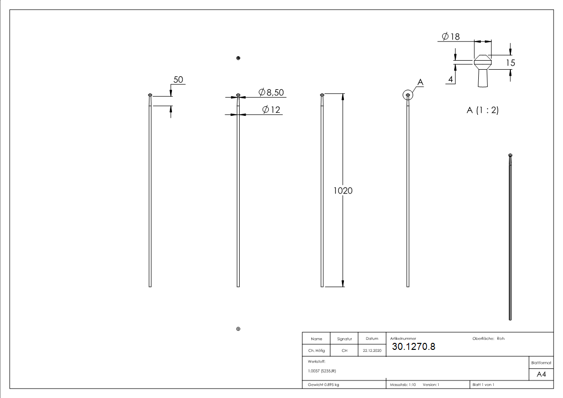 Zaunstab - Laenge- 1020 mm - Material Ø 12 mm - Stahl S235JR- roh-30-1270.8