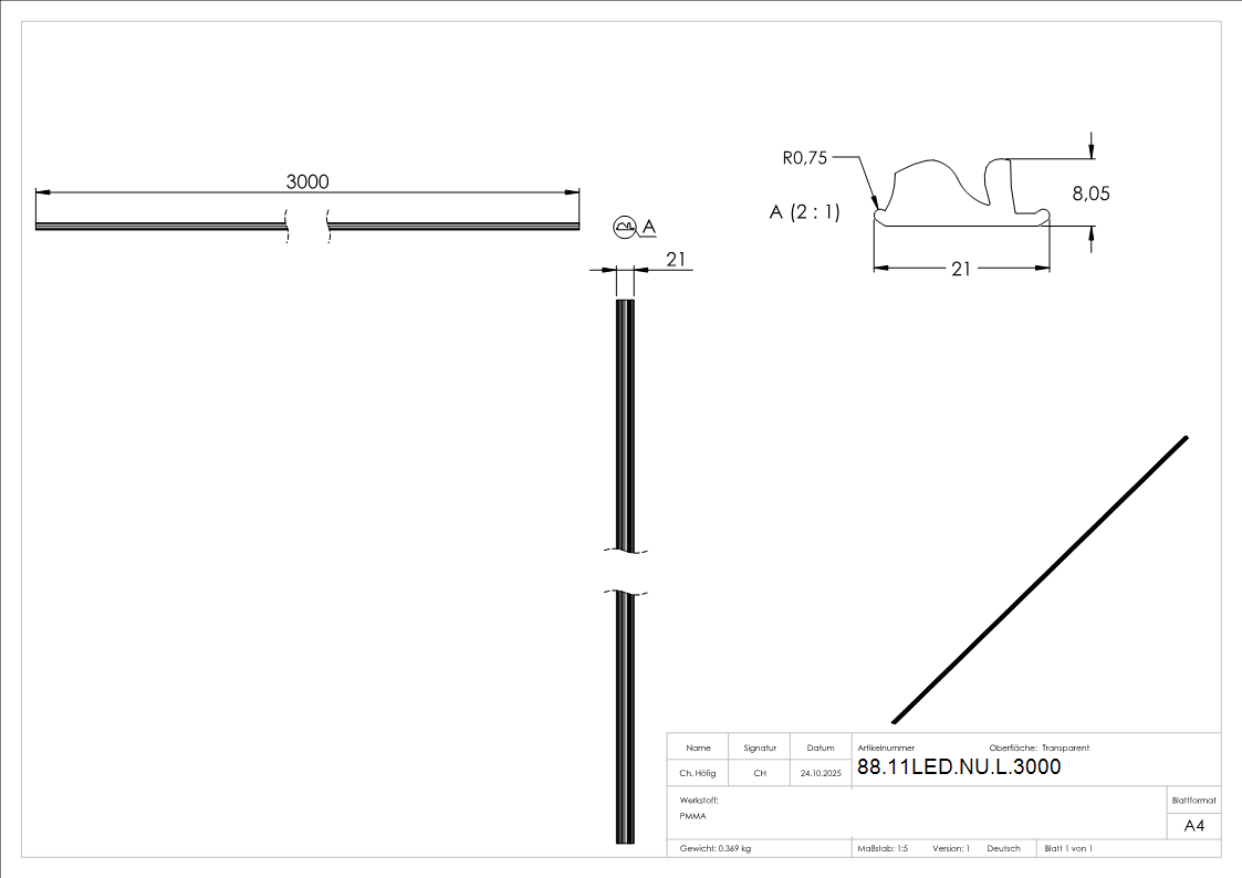LED-Nutrohr Linse PMMA 3000 mm fuer gerichtete Lichtverteilung-88-11LED-NU-L.3000