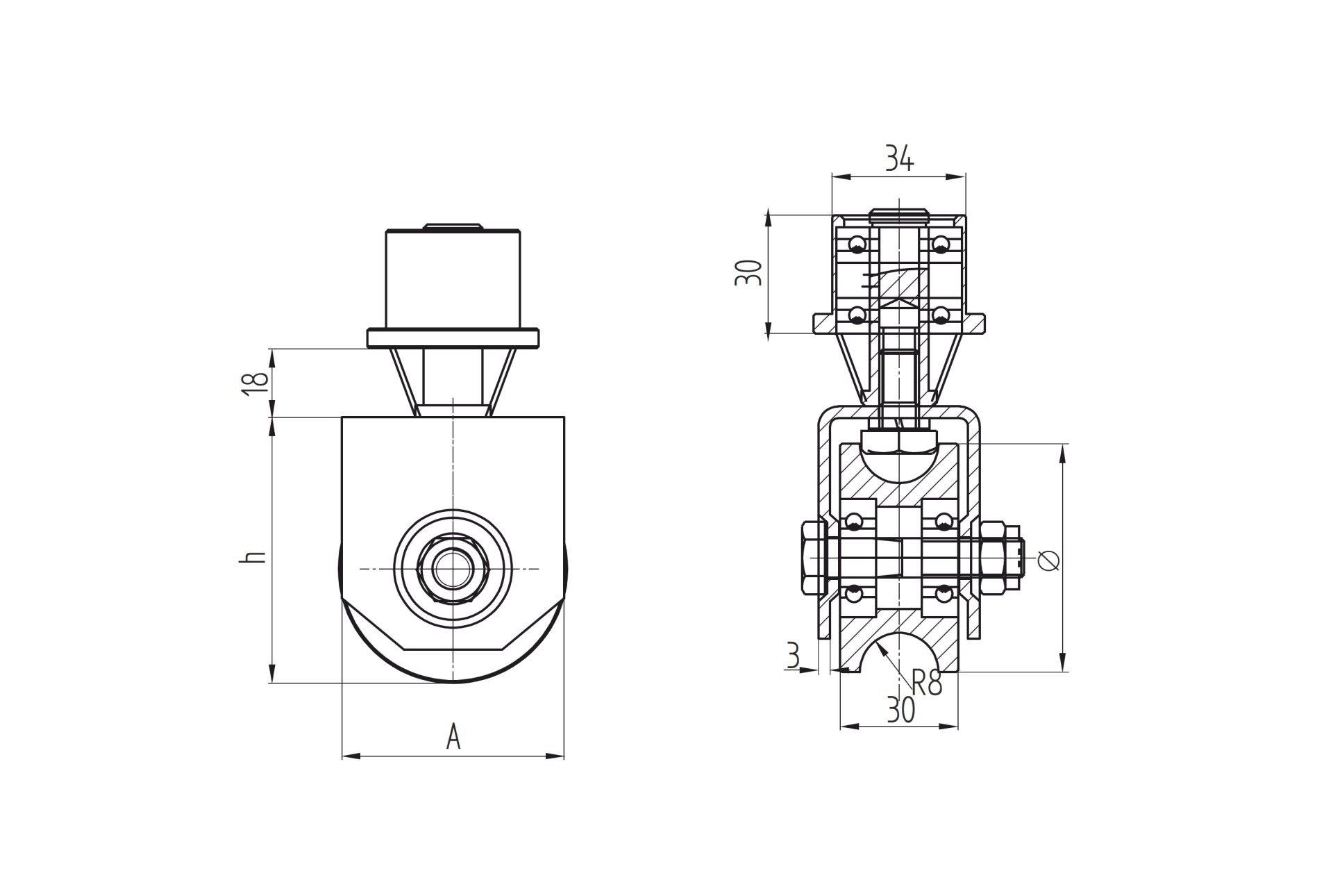 Gefederte Laufrolle Stahl verzinkt Ø 58 mm mit U-Rille drehbar-89-11H31U60SP-A.4