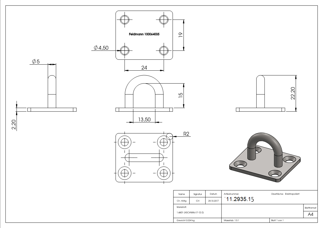 Befestigungsoese - Ø Oese- 5 mm - Platte- 35x30 mm - V4A-11-2935.1