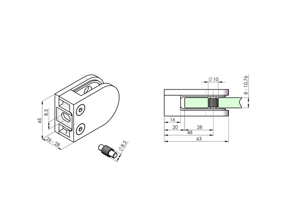 Glashalter V2A fuer 8-10-76 mm Glas geschliffen fuer Flachanschluss 4er Set-89-11A2200000SET4-A.4
