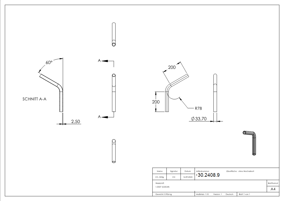 Rohrbogen 60° Stahl roh - 33-7 x 2-5 mm -1- - S235JR-30-2408.9
