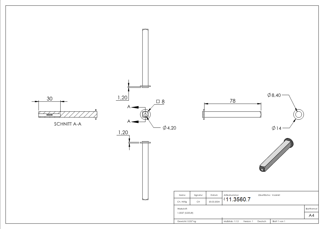 Wechselstift - Laenge- 70 mm - Masse- 8x8 mm - Stahl S235JR- verzinkt-11-3560.7