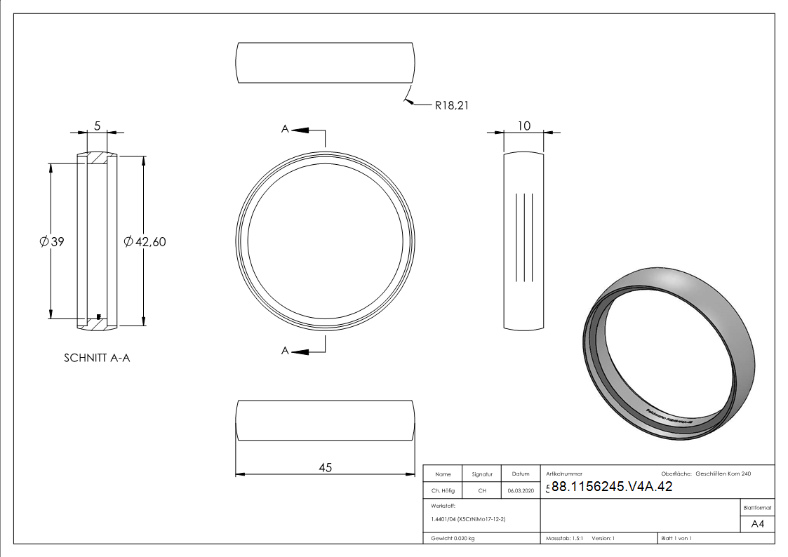 Verbindungsring V4A fuer Rohr Ø 42-4 mm geschliffen Korn 240-88-1156245-V4A.42