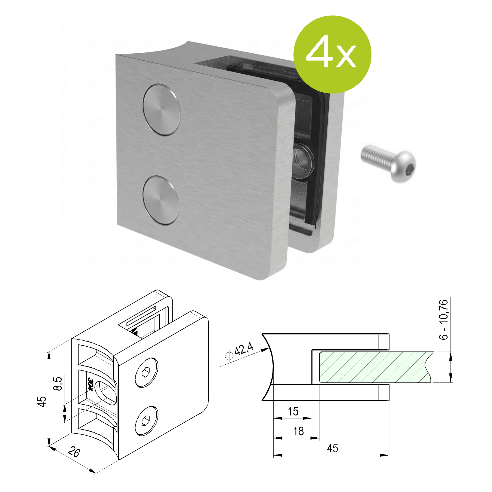 Glashalter V2A fuer Rohr 42-4 mm fuer Glas 6 - 10-76 mm halbrund 4er Set-89-11A2300042SET4-A.4