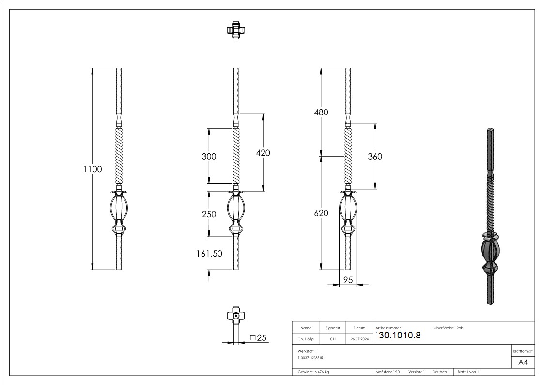 Anfangsstab - Laenge- 1100 mm - Material- 25x25 mm - Stahl S235JR- roh-30-1010.8