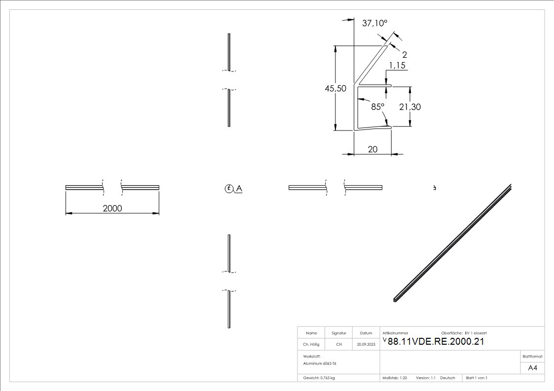 Regenrinne Aluminium eloxiert fuer Glas 21-52 mm L = 2000 mm E4-EV1-88-11VDE-RE-2000.21