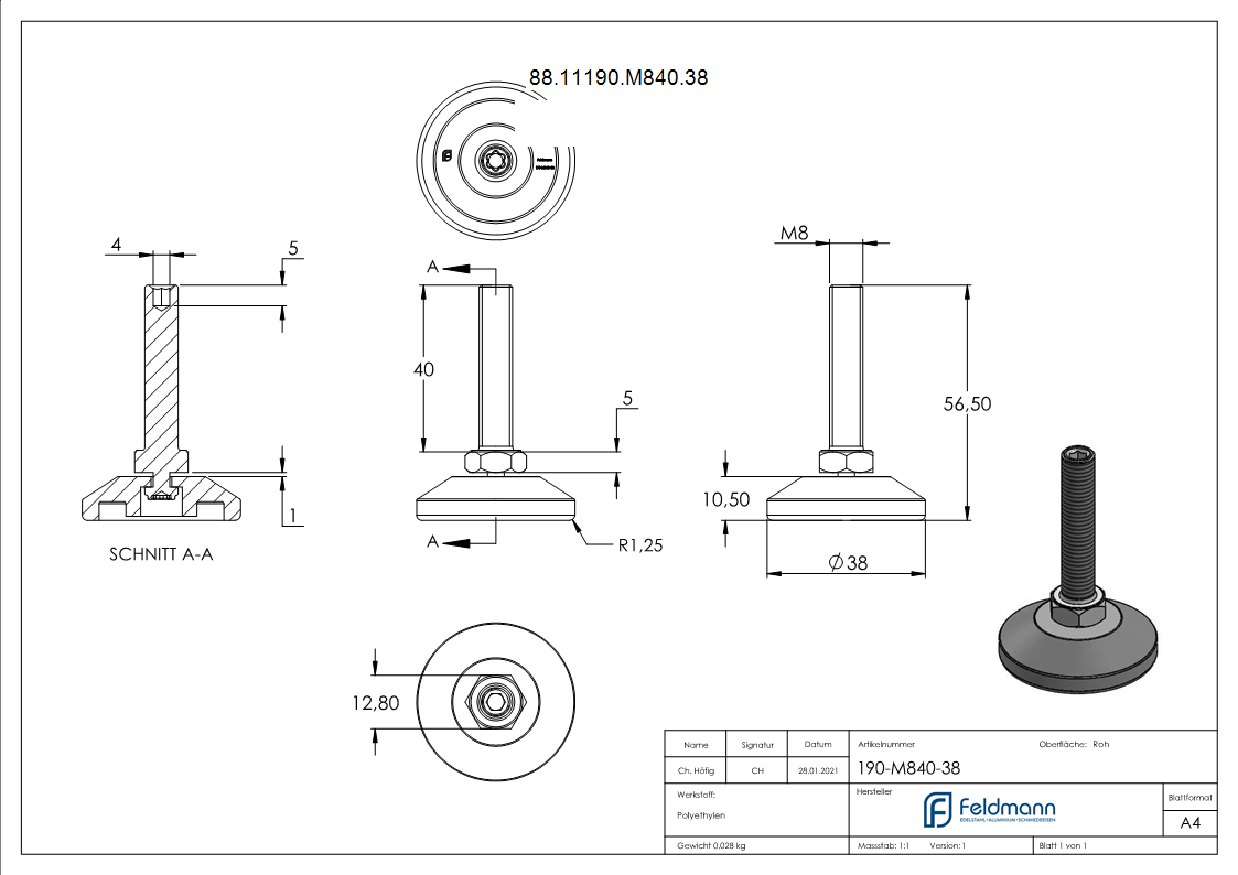 Stellfuss Kunststoff Stahl verzinkt Ø 38 mm M8x40 Justierschraube Innensechskant-88-11190-M840.38