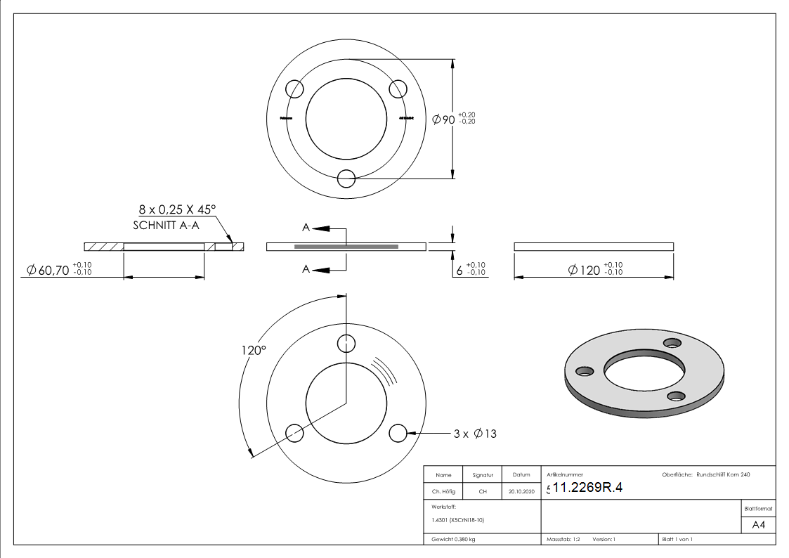 Ankerplatte Masse- 120x6 mm Rundschliff und Mittelbohrung V2A-11-2269R.4