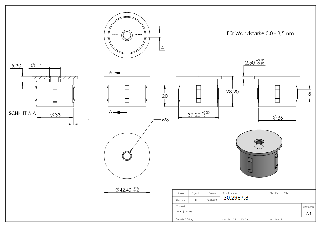 Stahlstopfen - mit M8 - flach - fuer Rohr Ø 42-4 x 3-0-3-5 mm - Stahl -Roh- S235JR-30-2967.8