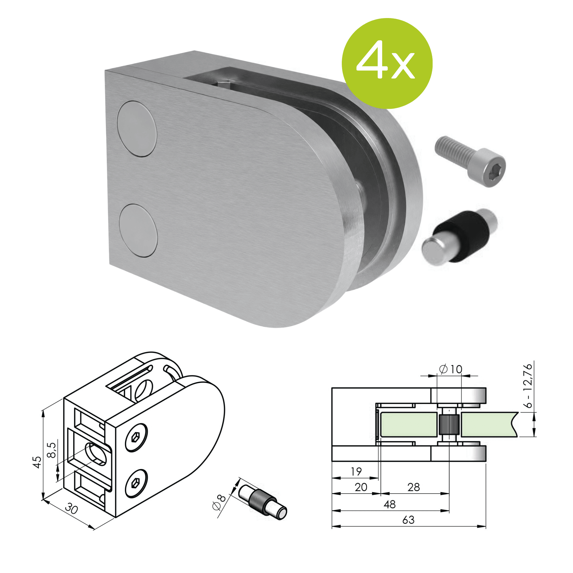 Glashalter V4A fuer Glas 6 - 12-76 mm Flachanschluss Modell 25 4er Set-89-11A142500000SET4-A.4