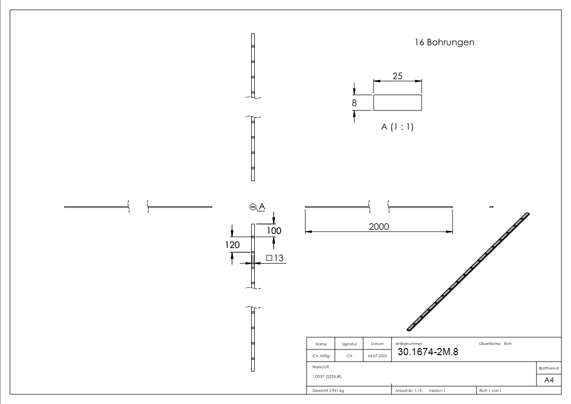 Flacheisen gelocht Laenge- 2000 mm 16 Lochungen Stahl -Roh- S235JR-30-1674-2M.8