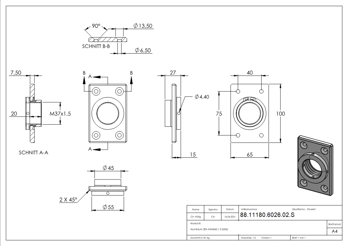 Montageplatte Aluminium 65 x 100 mm eckig zum Schrauben-88-11180-6026-02.S