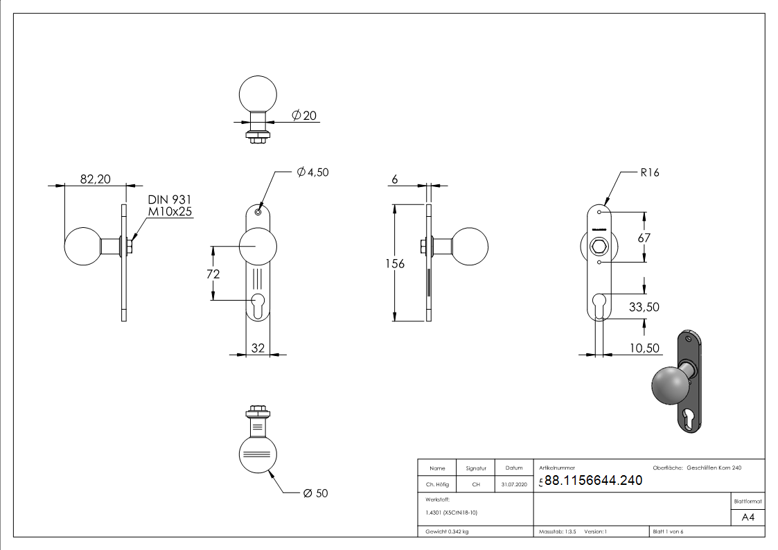 Tuerknopf Edelstahl V2A Ø 50 mm mit Langschild feststehend geschliffen Korn 240-88-1156644.240