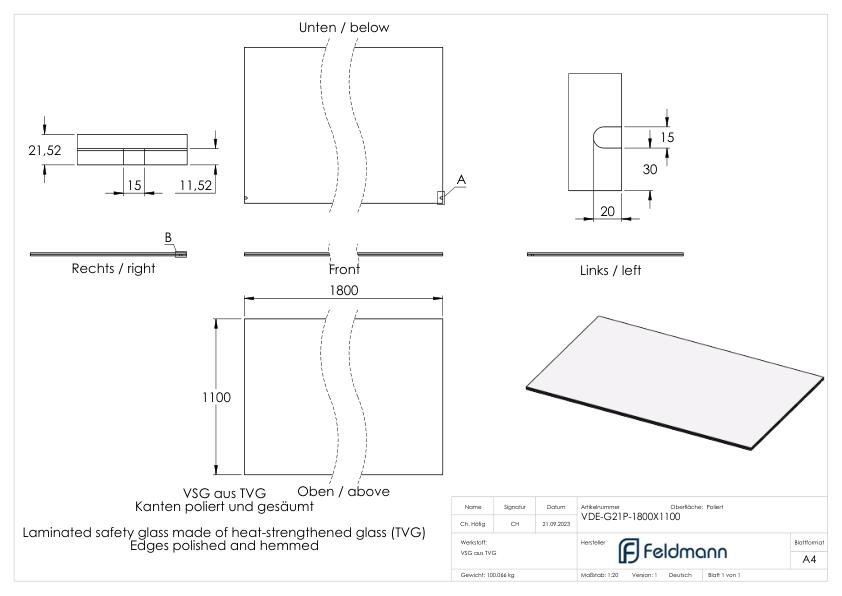 Eleganza canopy Glas- 1800x1200mm VSG aus 2x10mm TVG mit 1-52mm PVB-88-11VDE-G21P.1800X1200