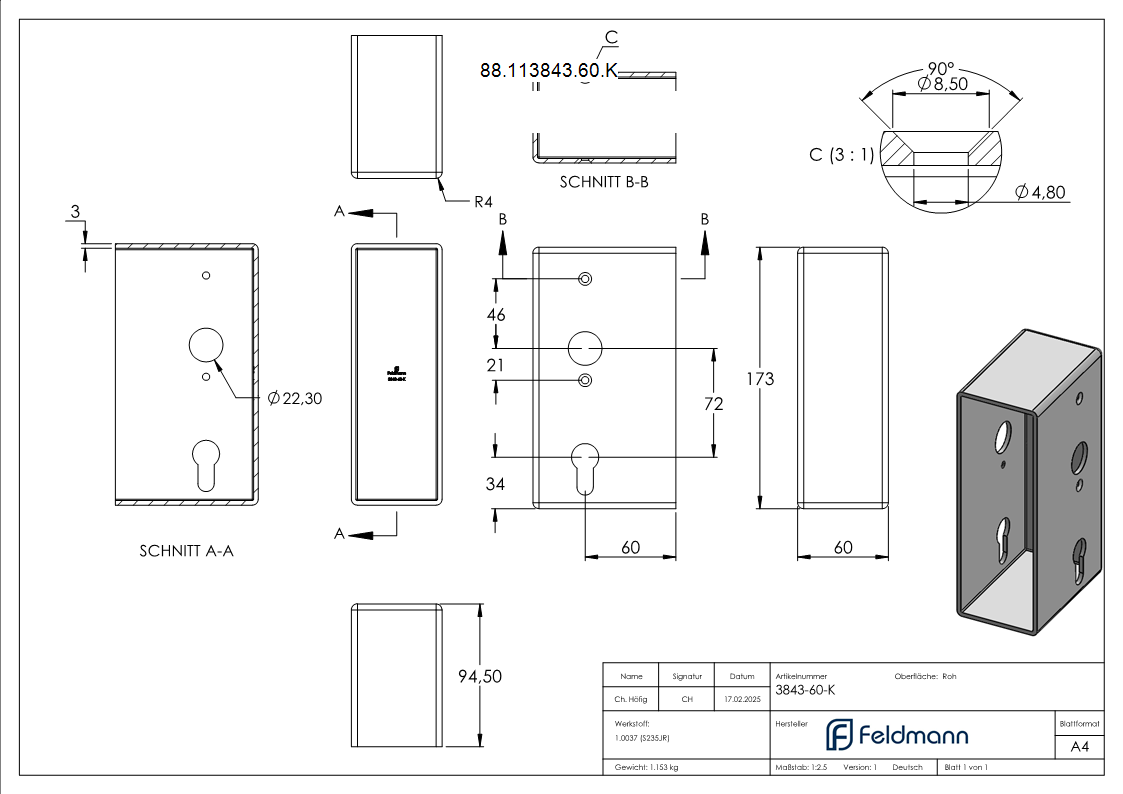 Schlosskasten Stahl 60 x 94-5 x 173 mm roh-88-113843-60.K