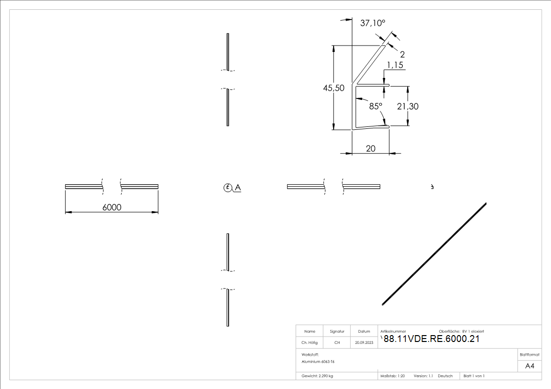 Regenrinne Vordach Aluminium eloxiert fuer Glas 21-52 mm L = 6000 mm E4-EV1-88-11VDE-RE-6000.21