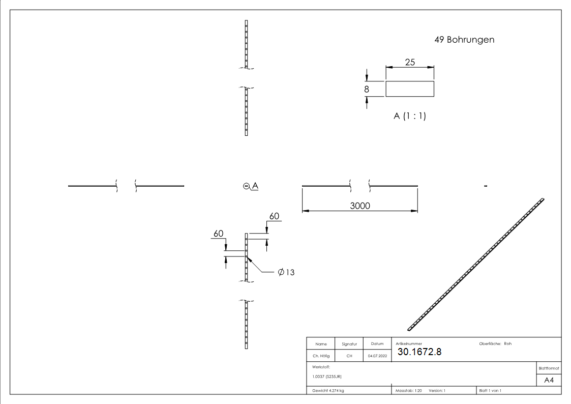Flacheisen gelocht - Laenge- 3000 mm - 49 Lochungen - Stahl -Roh- S235JR-30-1672.8