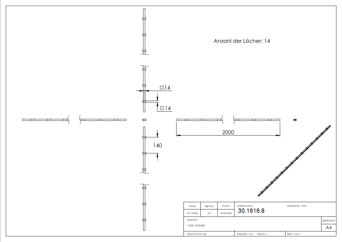 Lochleiste fuer Quadratrohr Material- 14x14 mm Laenge- 2000 mm Stahl S235JR- roh-30-1616.8