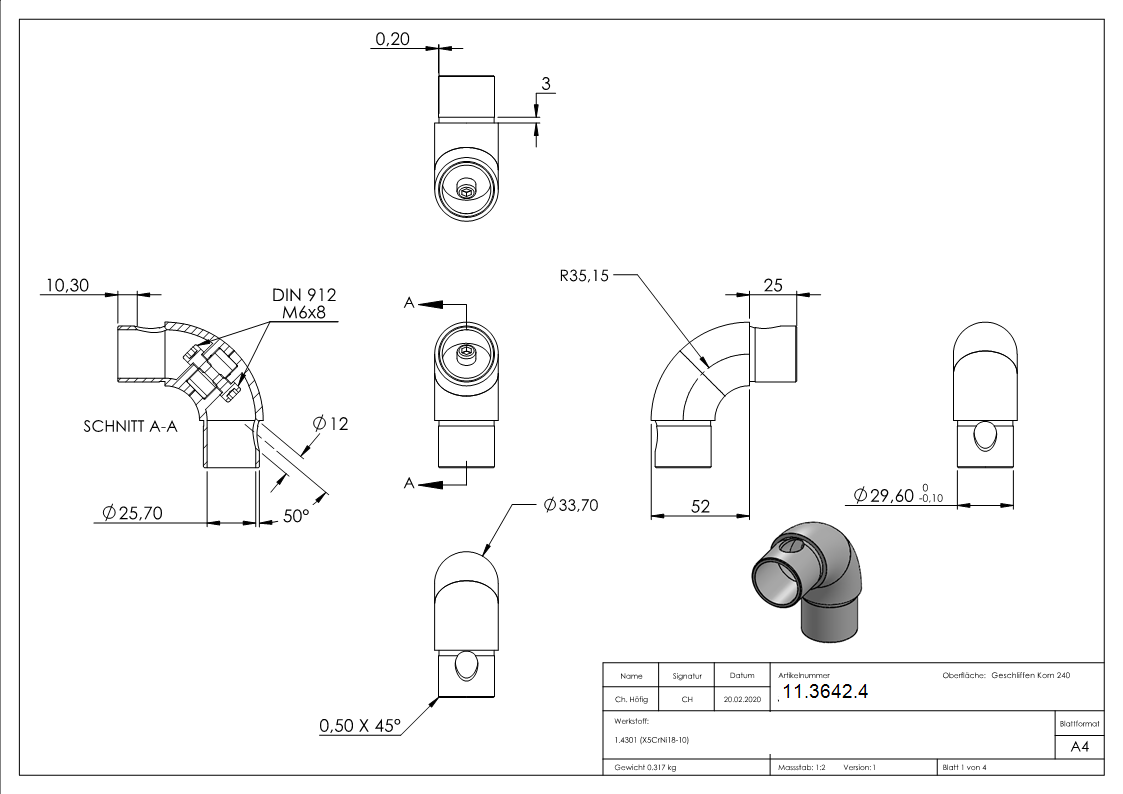Rohrbogen V2A fuer Rohr Ø 33-7 x 2-0 mm 90° verstellbar-11-3642.4
