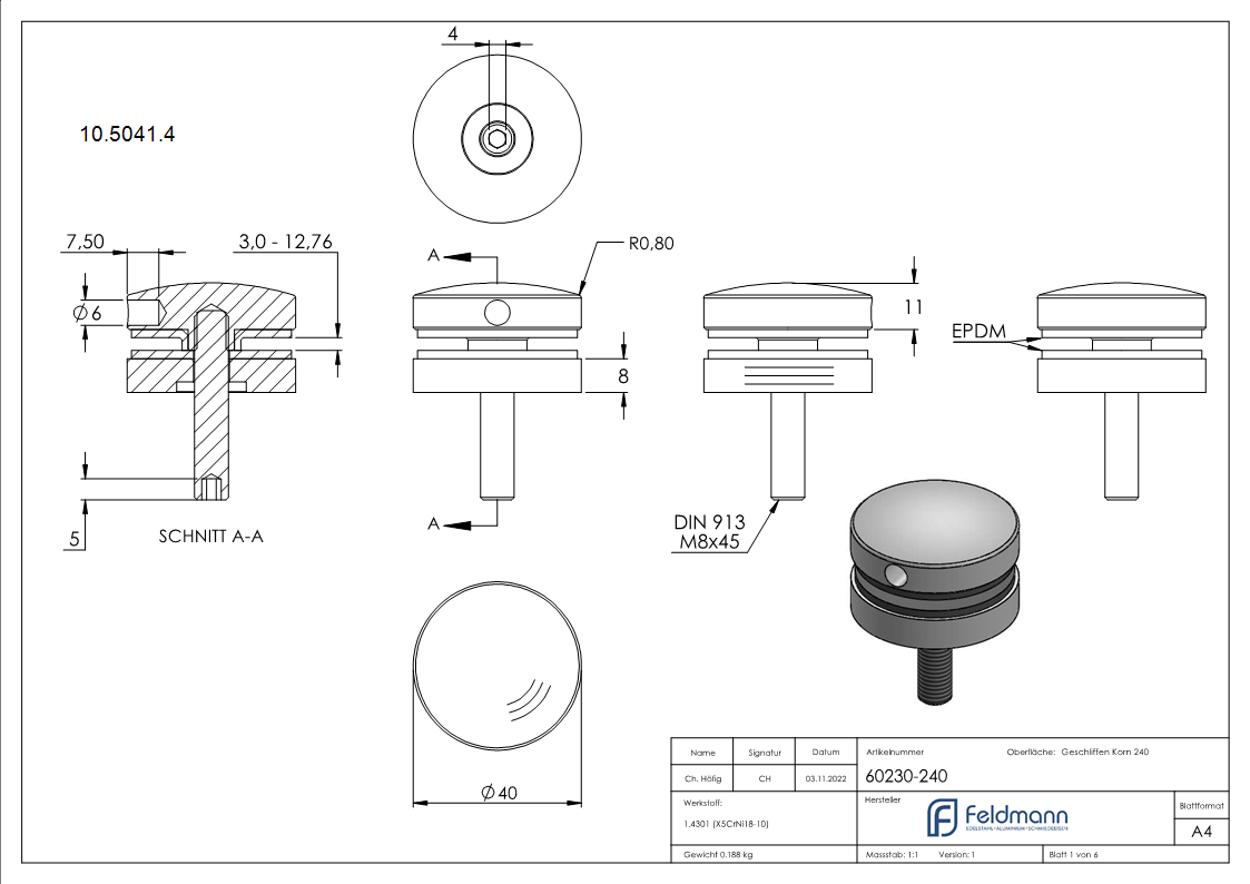 Glaspunkthalter Edelstahl V2A Ø 40 mm flach – Punkthalter-10-5041.4