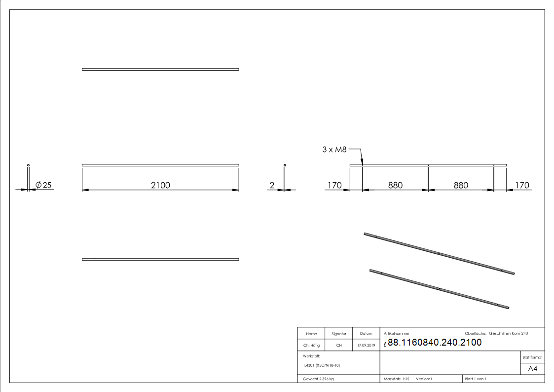 Laufschiene V2A Rohr Ø 25 x 2 mm- 2100 mm fuer Glasschiebetueren- 3x M8 Gewinde-88-1160840-240.2100