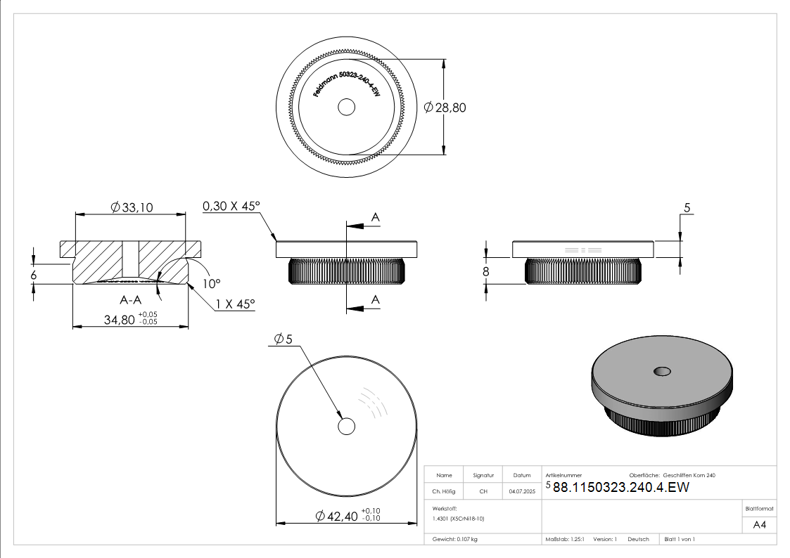 Einsteckkappe V2A Edelstahl fuer Rohr Ø 42-4 mm Wand 4-0 mm flach mit Entwaesserung-88-1150323-240-4.EW