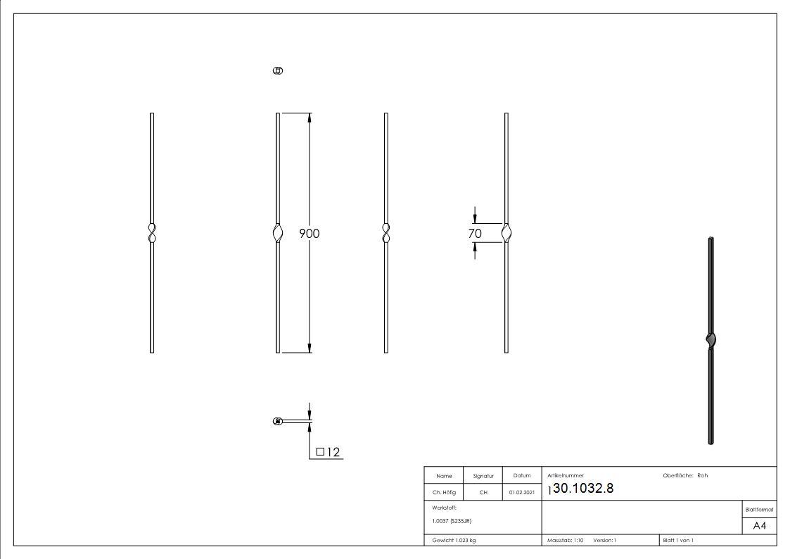 Zwischenstab - Laenge- 900 mm - Material- 12x12 mm - glatt - Stahl S235JR- roh-30-1032.8