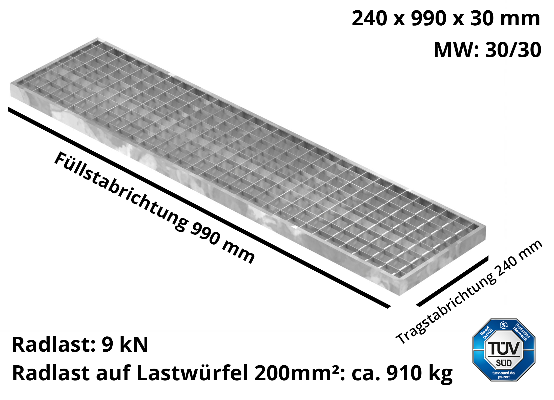 Garagen-Gitterrost - Masse-  240x990x30 mm 30-30 mm - aus S235JR -St37-2- im Vollbad feuerverzinkt-23-24993030.7