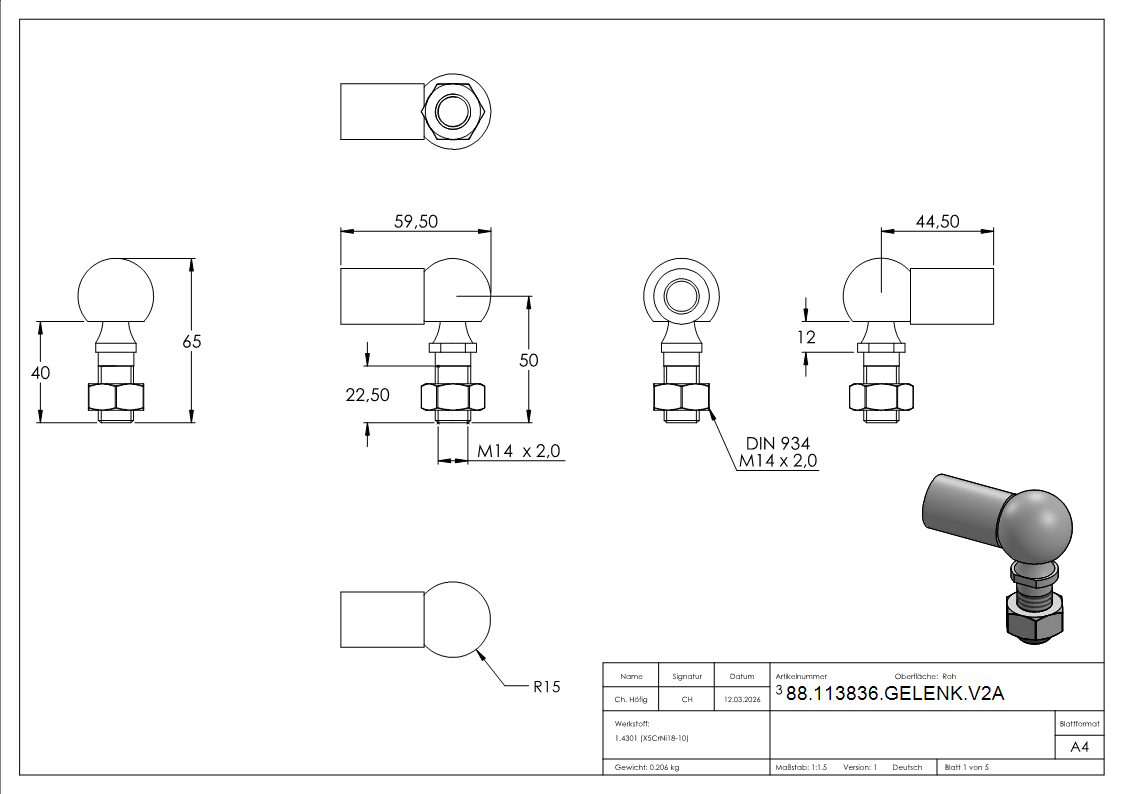 Kugelgelenk Edelstahl V2A M14 x 2 mit Rechtsgewinde- ohne Schraube-88-113836-GELENK.V2A