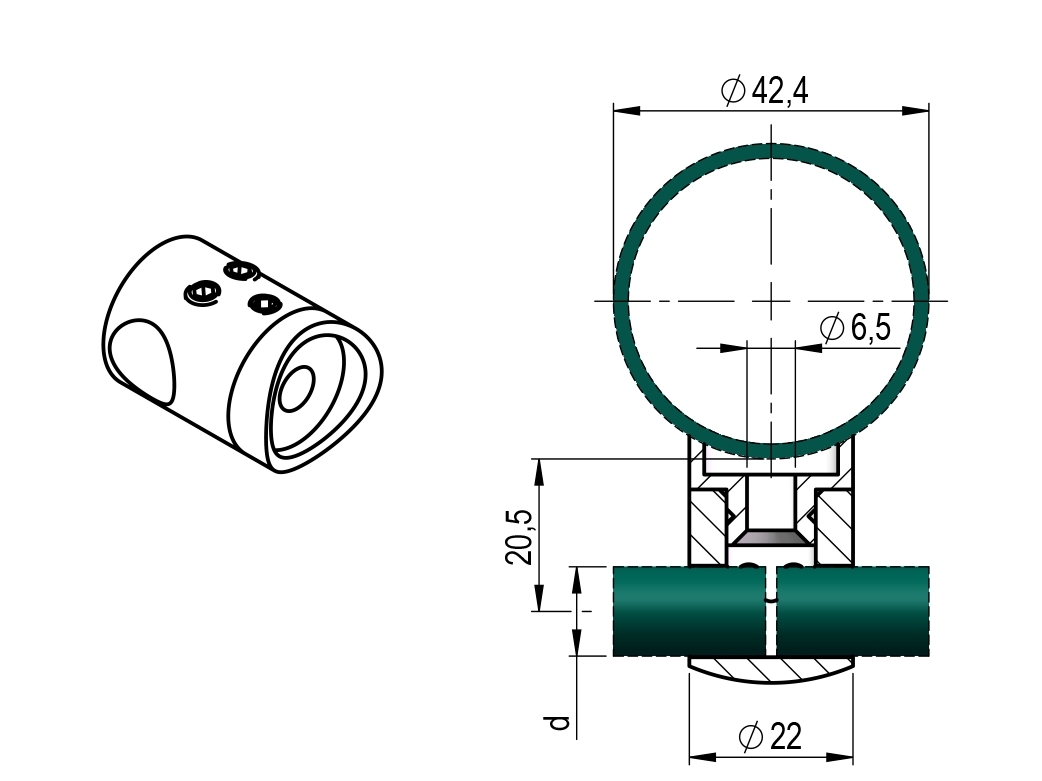 Querstabhalter V2A fuer Rohr 42-4 mm - Stab 12 mm geschliffen-11-1040-A.4