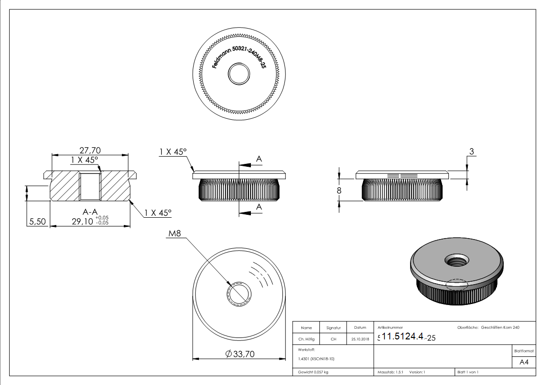 Rohrabschlussstopfen Edelstahl V2A fuer Rohr Ø 33-7 mm x 2-5 mm mit M8 Gewinde flach-11-5124.4