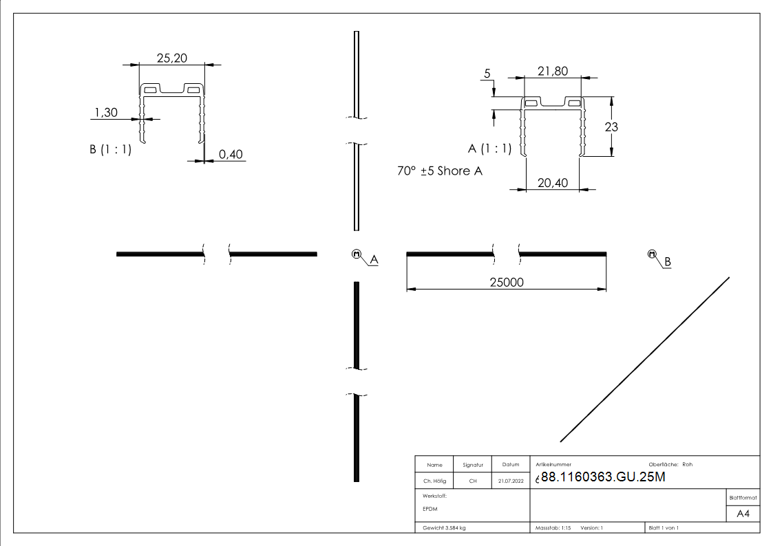 Keildichtung EPDM fuer Glas 20-76–21-52 mm- Nut 24x24 mm- L = 25 m-88-1160363-GU.25M