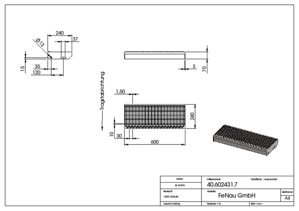 Gitterroststufe Treppenstufe Masse- 600x240 mm 30-10 mm S235JR -St37-2- im Vollbad feuerverzinkt-40-602431.7