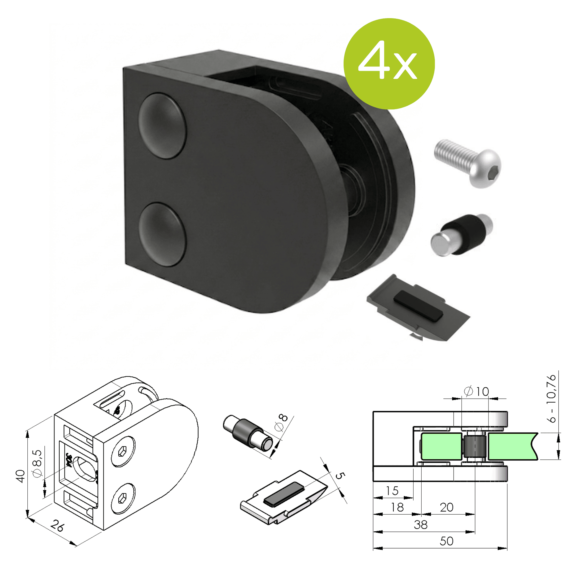 Glasklemme V2A fuer 6 - 10-76 mm Glas fuer Flachanschluss Schwarz 4er Set-89-11ABL200P000SET4-A.4