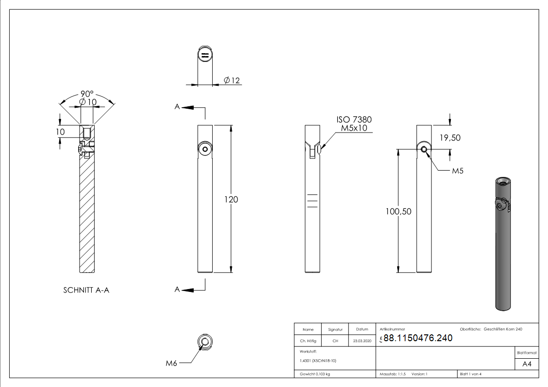 Gelenkstift Edelstahl V2A Ø 12 mm- L = 120 mm- M6- zum Anschweissen-88-1150476.240