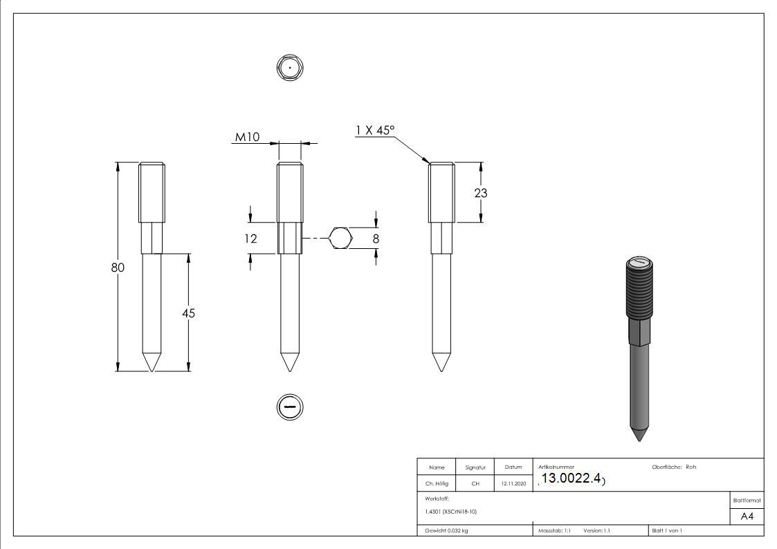 Stockschraube V2A Edelstahl M10x80 mm Holzgewinde-13-0022.4